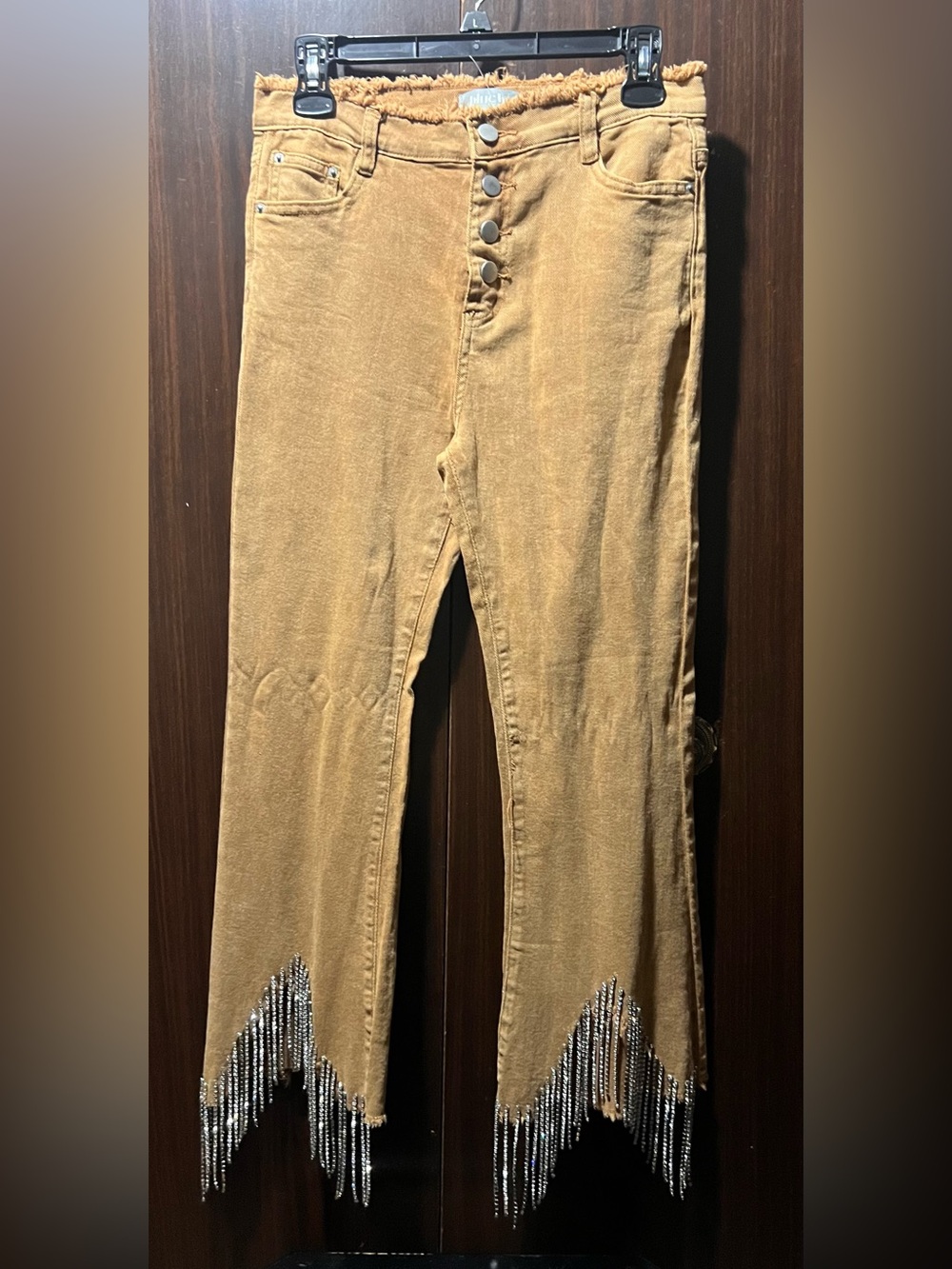 Blue B Collection Women’s Brown Fringed, Flare Jeans with Rhinestones Size M